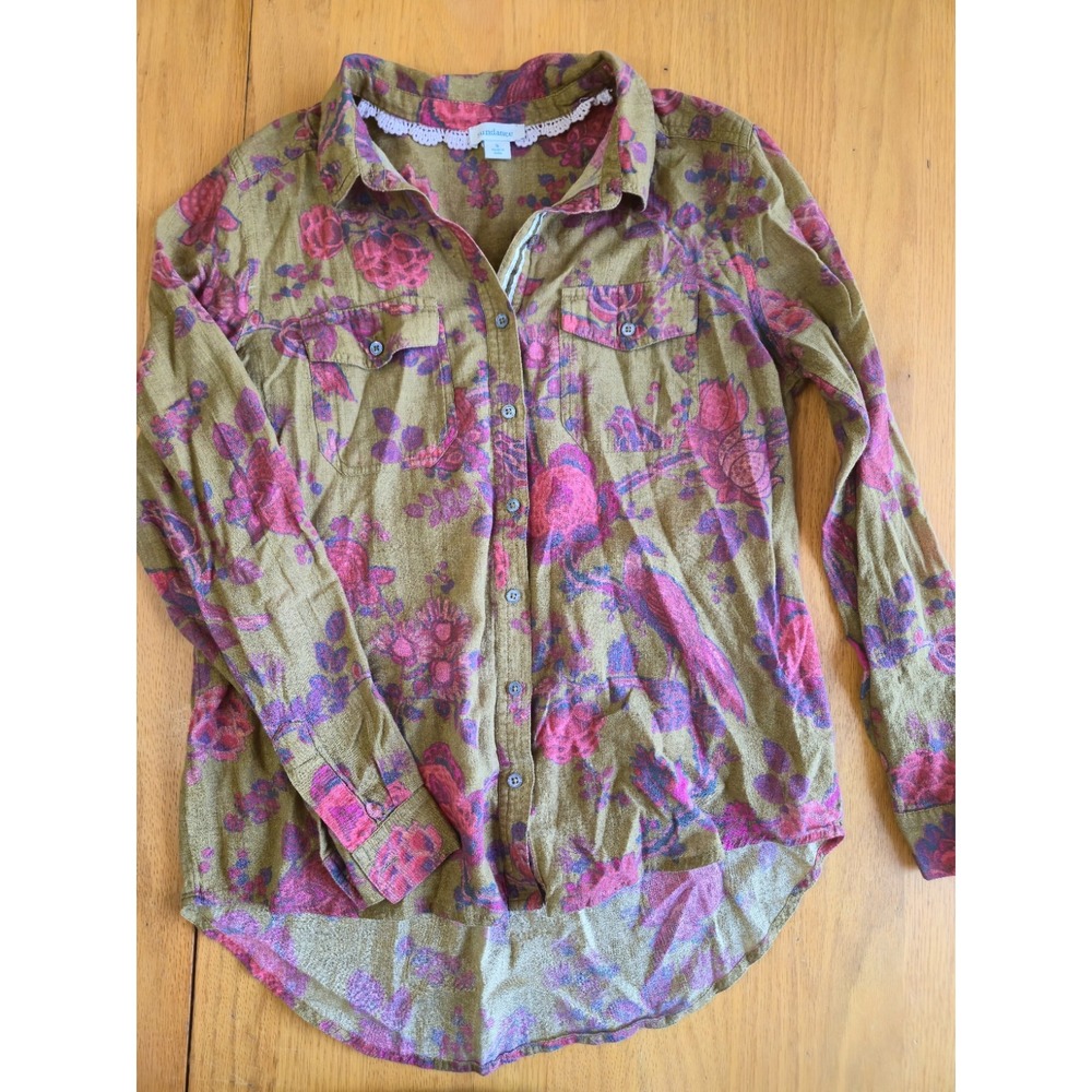 Sundance Floral Button-Up Collared Blouse Long Sleeve S Boho Earthy Cottagecore - Picture 2 of 8